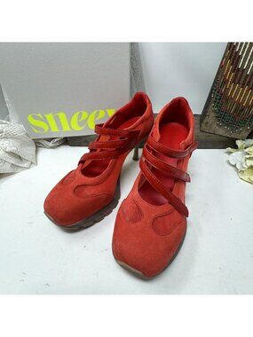 Sneex Red Suede & Patent Leather Heeled Mary Jane Shoes With Box